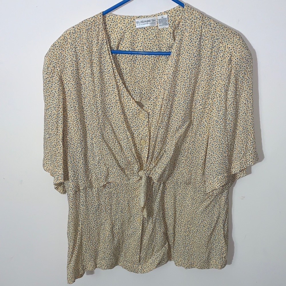 Vintage Liz Claiborne Yellow Ditsy Floral Tie-Front Blouse